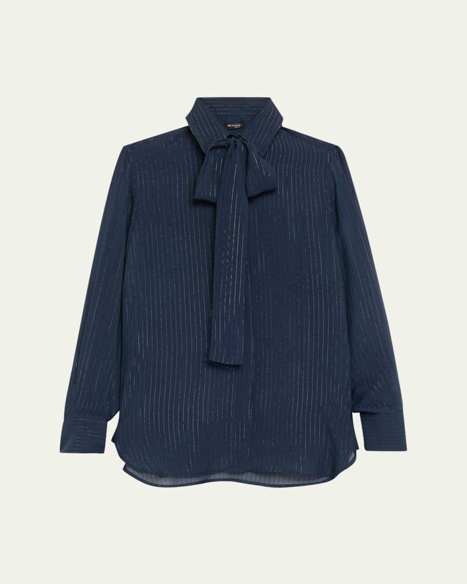 Metallic Pinstripe Silk Neck-Tie Blouse